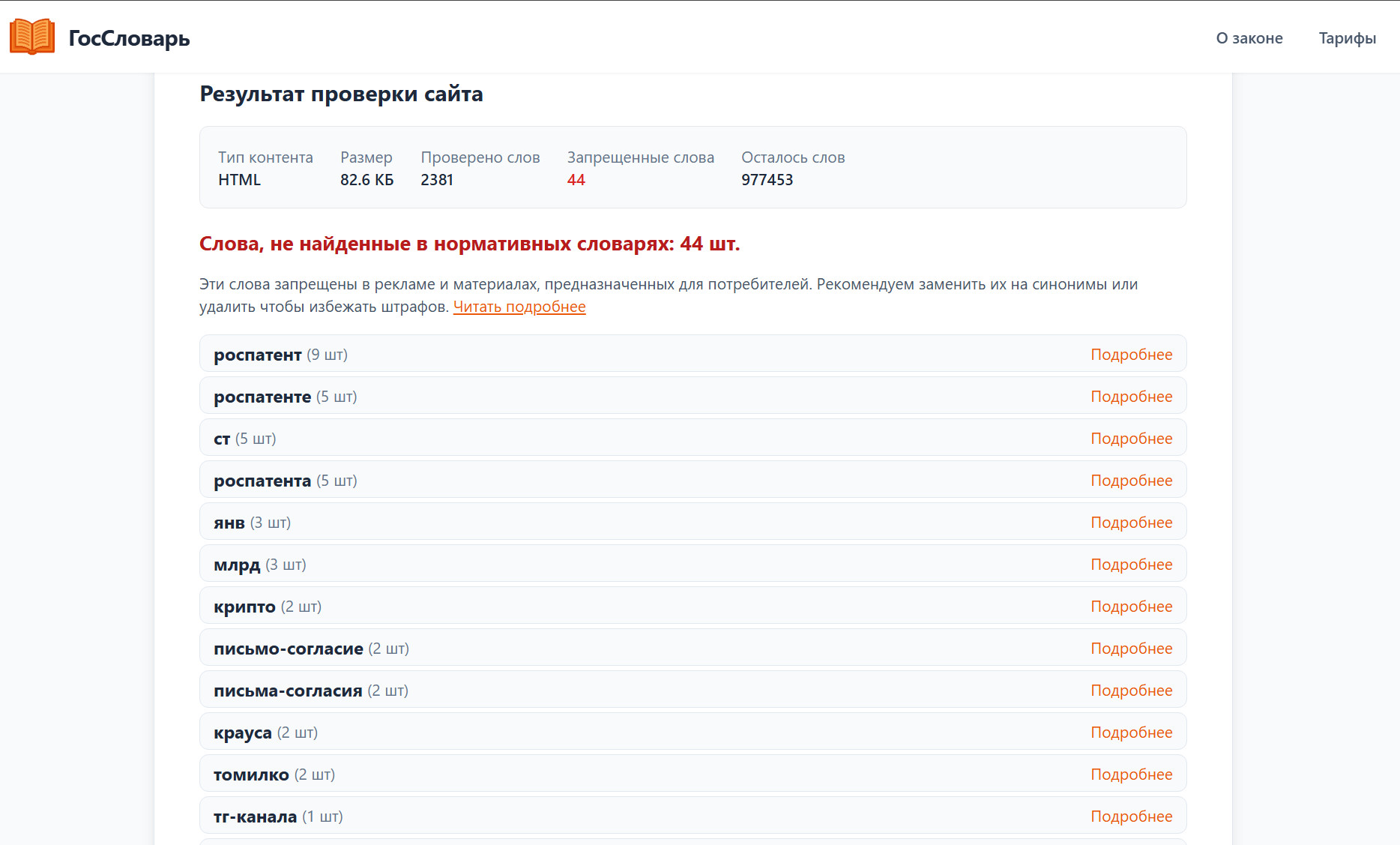 пример проверки сайта на ГосСловарь.Ру